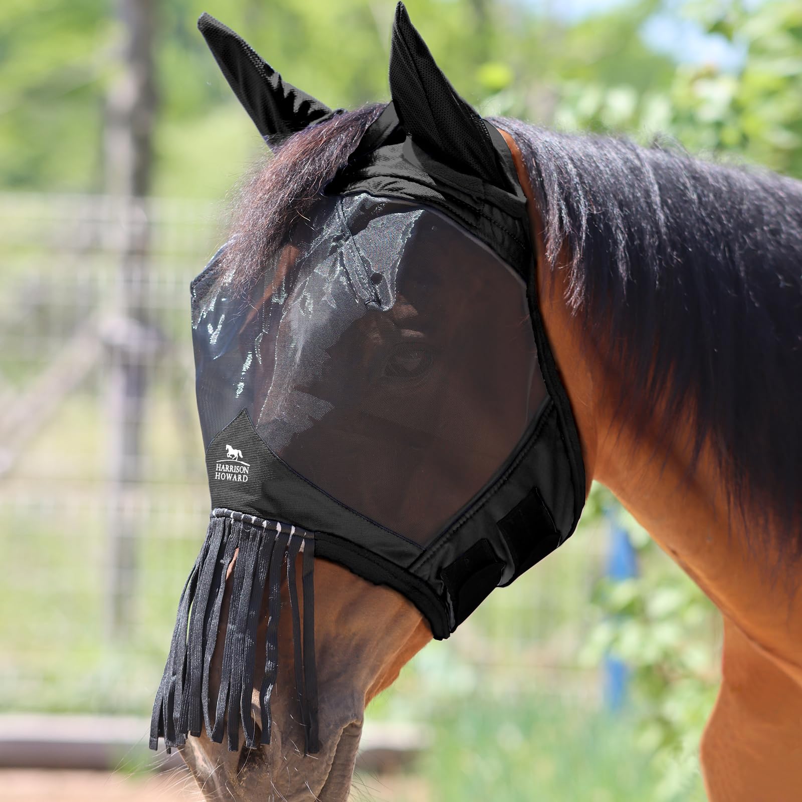 Harrison Howard CareMaster Horse Fly Mask with Ears and Nose Fringe Fly Protector Defender Mask-Piano Negro L