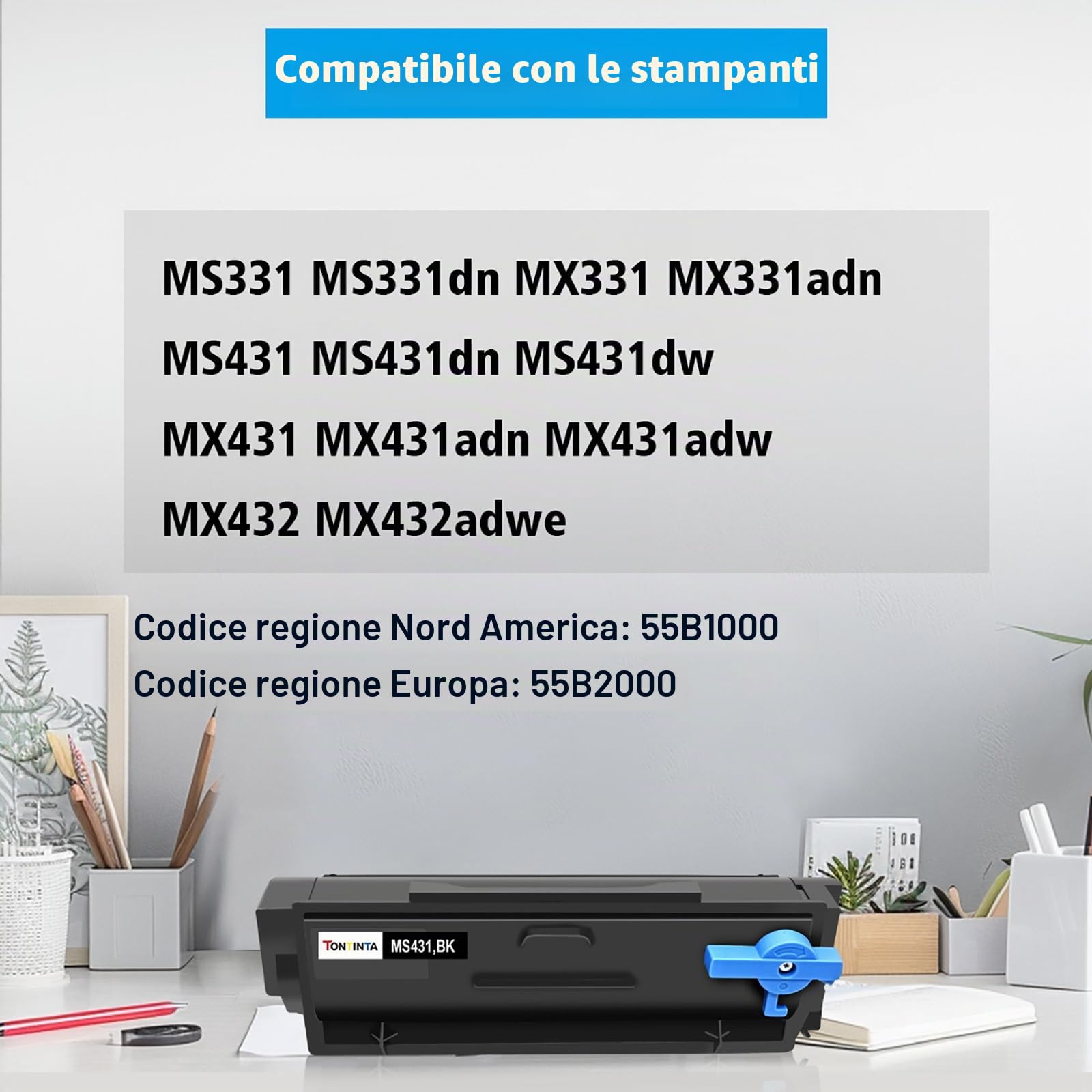 55B2000 Cartuccia Toner Rigenerata MS331 MX331 MS431 MX431 MX432 Capacità Standard 3000 Pagine Nero per LEXMARK MS331dn MX331adn MS431dn MS431dw MX431adn MX431adw MX432adwe Stampante