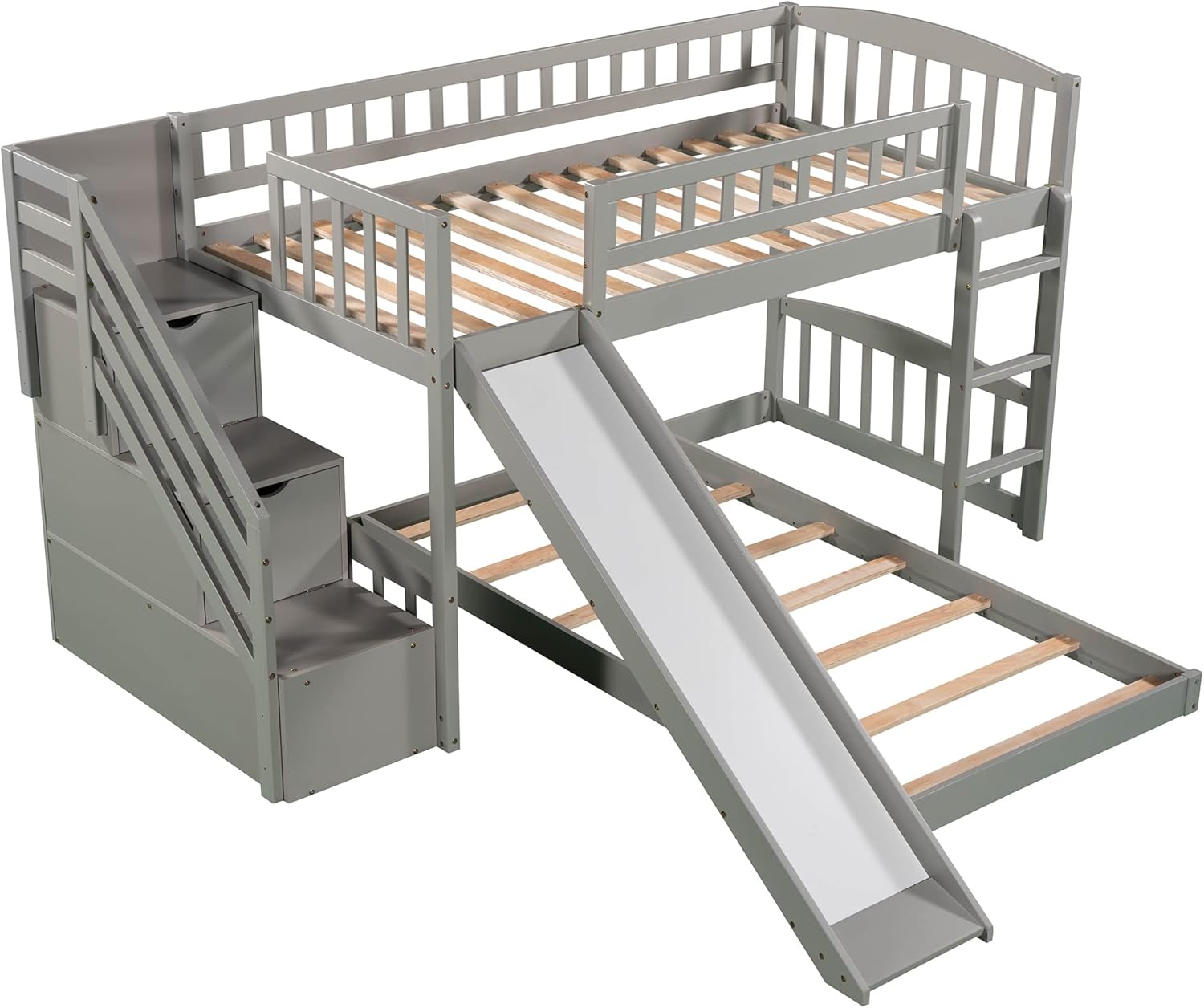 Stairway Bunk Bed with Slide, Two Under-Bed Drawers, Convertible Ladder & Staircase, Full-Length Guardrails, Pine Wood Frame, Plywood Slats, Space-Saving Design (Grey,Twin)