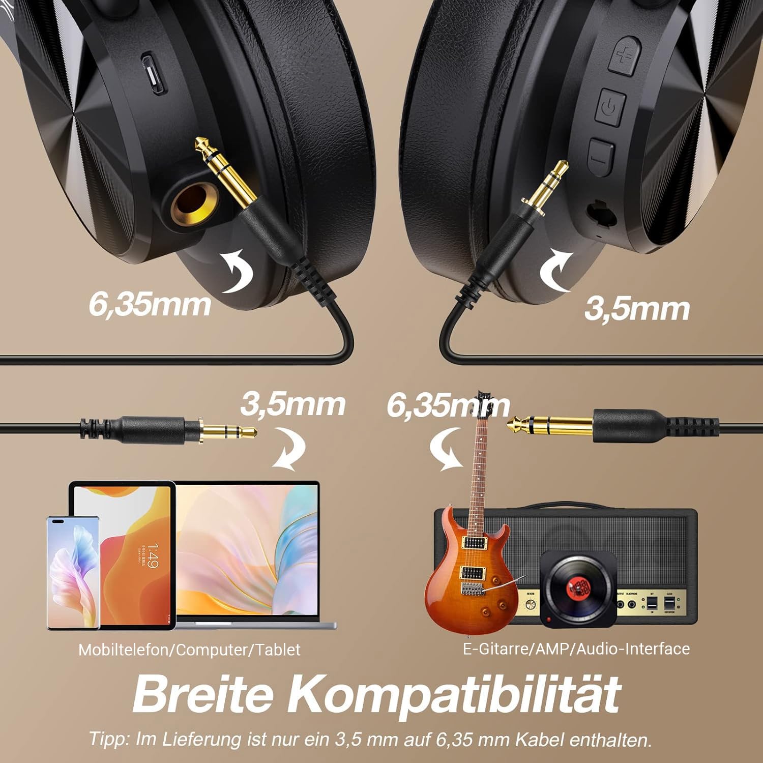 OneOdio Bluetooth Kopfhörer Over Ear, 72 Stdn HiFi Stereo Kopfhörer Kabellos, Wireless Headphones mit 6.35mm & 3.5mm Klinke für Studio DJ Handy PC AMP - Schwarz
