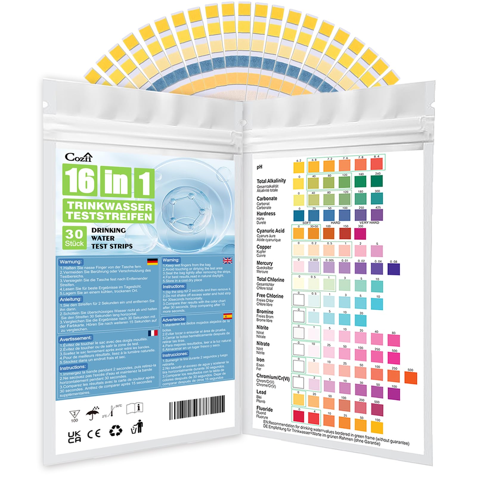 100 stuks waterteststrips, 16-in-1 watertester, drinkwater, teststrips voor aquarium, zwembad, pH-hardheid, lood, ijzer, hardheid, fluoride