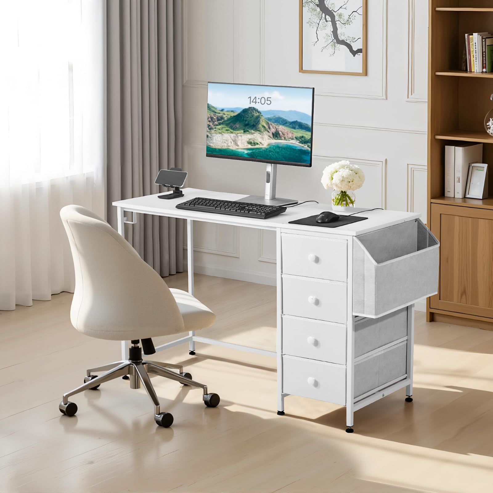 VEVOR Biurko komputerowe z szufladami z tkaniny, dwustronne 120 cm do nowoczesnego biura domowego sypialni, prosty nowoczesny stół PC z metalową ramą, biały