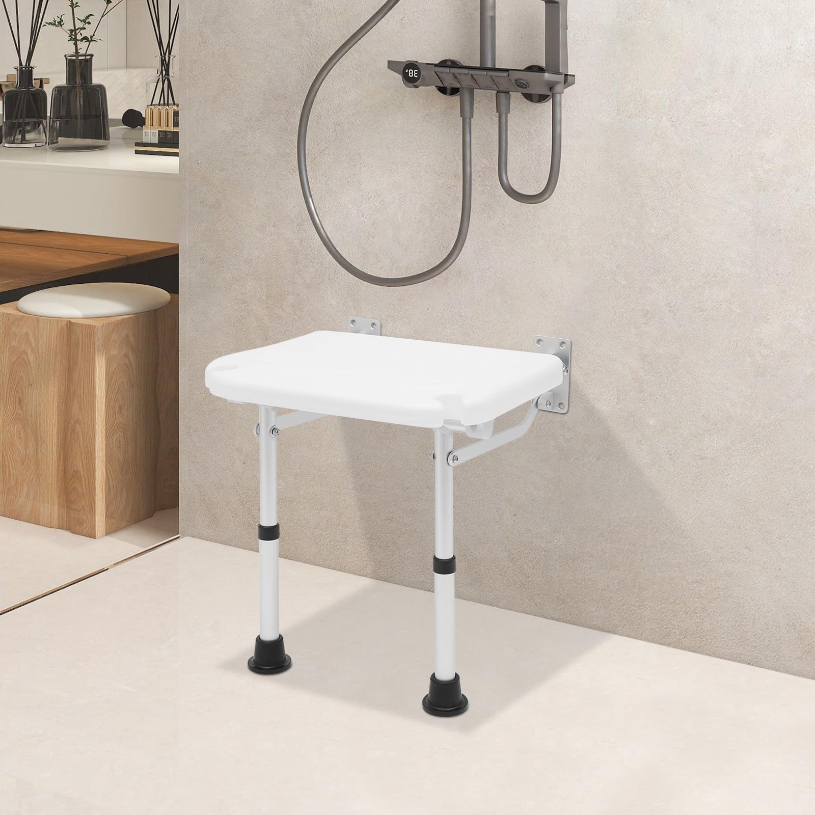 Asiento plegable de ducha para montaje en pared, silla de baño, taburete de ducha, asiento de ducha plegable, clip hasta 100 kg, asiento plegable para ducha con patas de apoyo, asiento plegable para