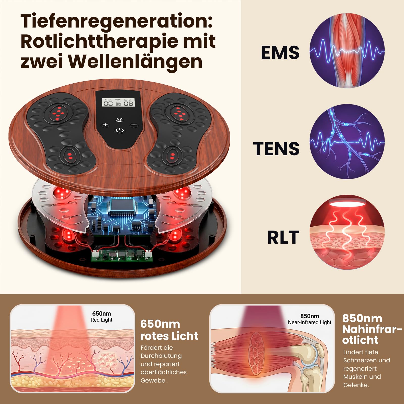 Medic Durchblutungs-Stimulator Füße Beine, EMS Fußmassagegerät mit Rotlichttherapie (660 nm + 850 nm), Elektrische FußMassagegeräte mit 4 TENS Elektrodenpads, zur Verbesserung der Durchblutung