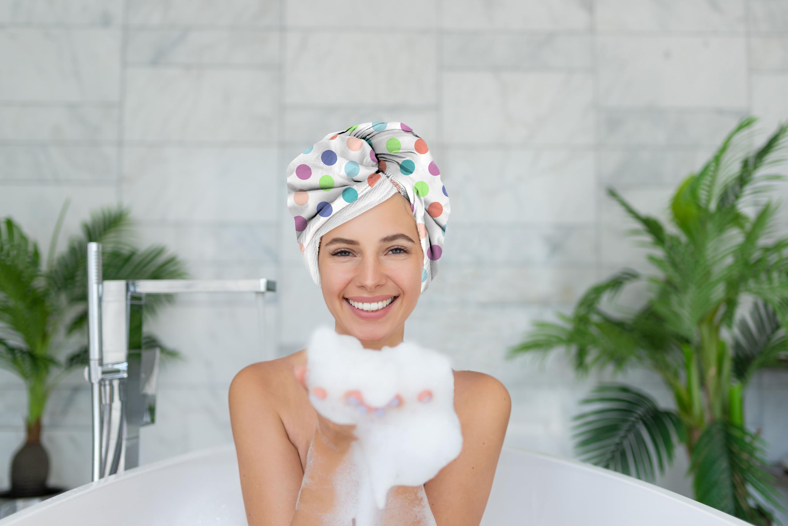 2-in-1 Shower Cap & Hair Towel Wrap for Women - Lightweight Towel Wrap with Elastic Loop for hair Drying & Conditioning - Ideal for All Hair Types, Comfortable & Easy to Use (Polka Dot)