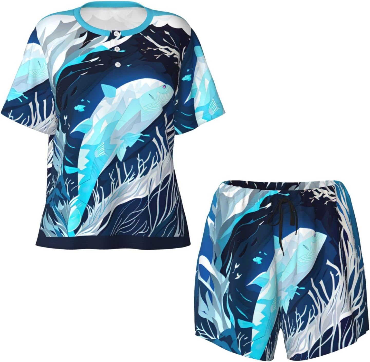 Women'S Deep Blue Animal Whale Print Pajamas Set,Womens Pj Sets For Summer,Loungewear Sets With Cooling Fabric