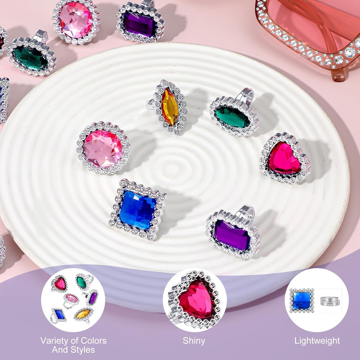 72 Pcs Colorful Plastic Rings, Adjustable Rings Princess Jewelry, Fake Ring for Costume Bridal Shower Dress Party Accessories