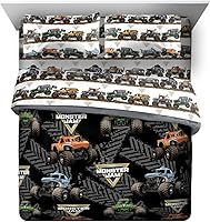 Vista 2 de Jay franco Juego de ropa de cama Queen de 5 piezas de Monster Jam Tracks incluye edredón y sábanas con Grave Digger y Megalodon de microfibra suave