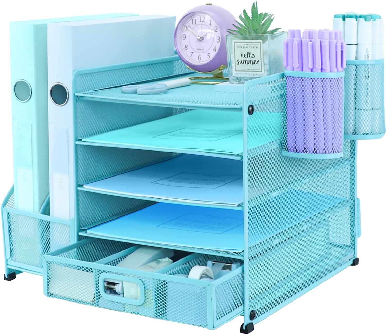 Desk Organiser File Holder With 2 Pen Holder, 5 Tier Paper Letter Tray Organiser with Drawer,Mesh Desktop Storage with Magazine Holder for Office Supplies, Sky Blue