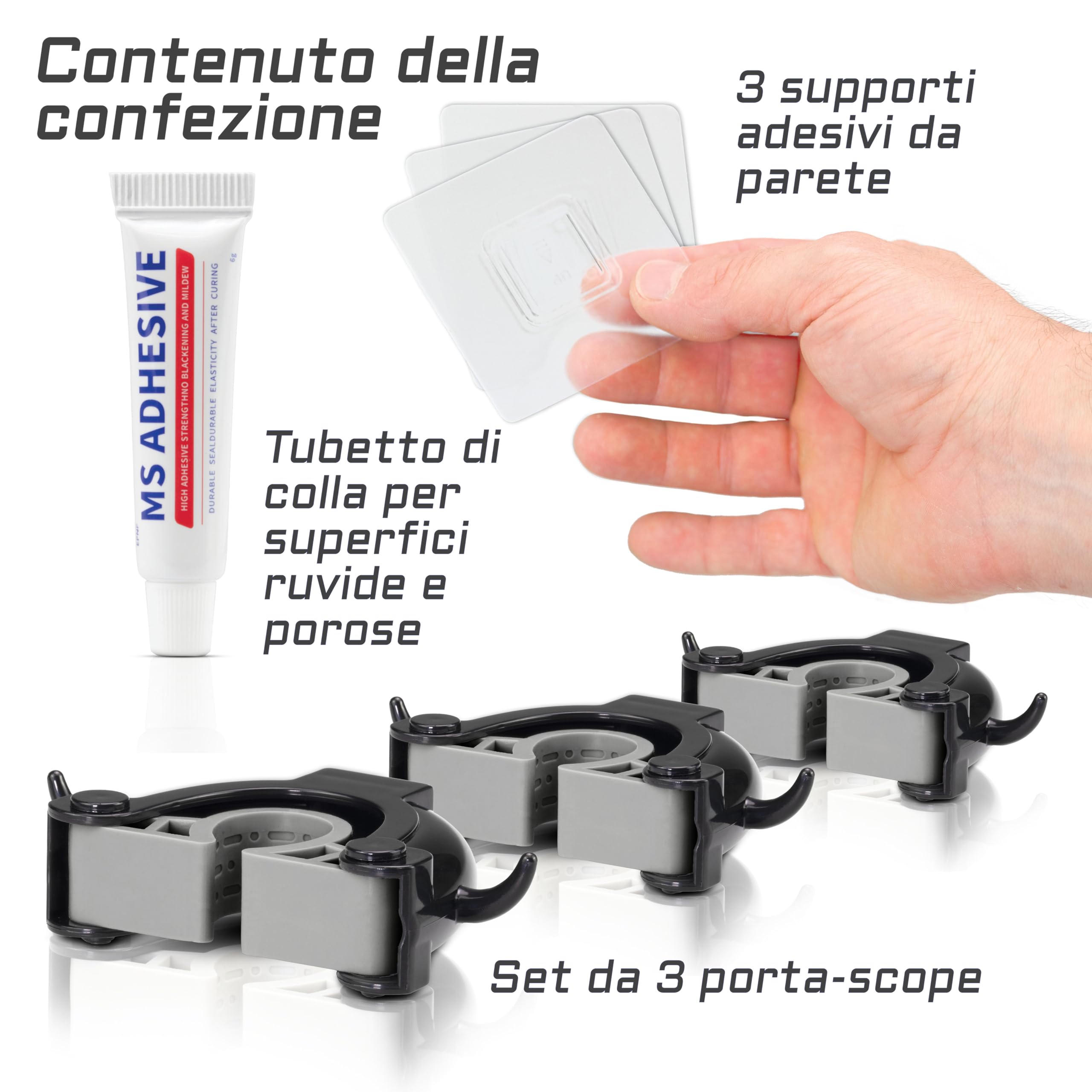 Portascope Da Parete Con 3 Supporti E 4 Ganci - Adesivo O A Viti, Verde Nero - Foto 4