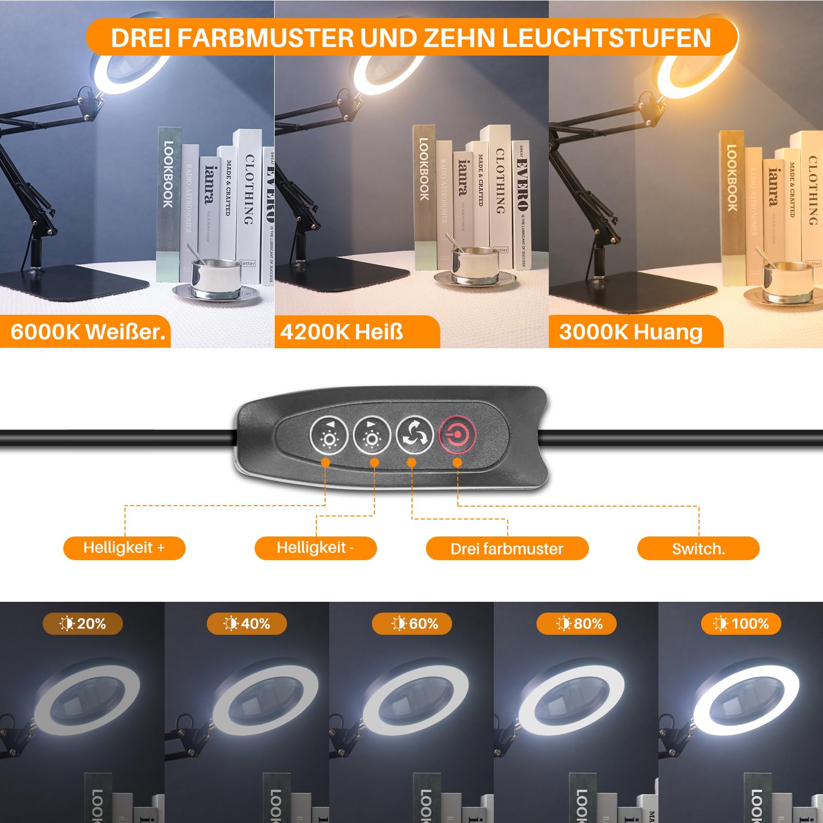 Lupe Mit Licht OKSANO LED Lupenleuchte,Tischlupe Mit Beleuchtung, Tischlampe Mit 3 Farbmodi 10 Helligkeitsstufen Dimmbar Arbeitsplatzlampe mit Klemme und Basis Kann Auch Für Lesehilfe Für Senioren