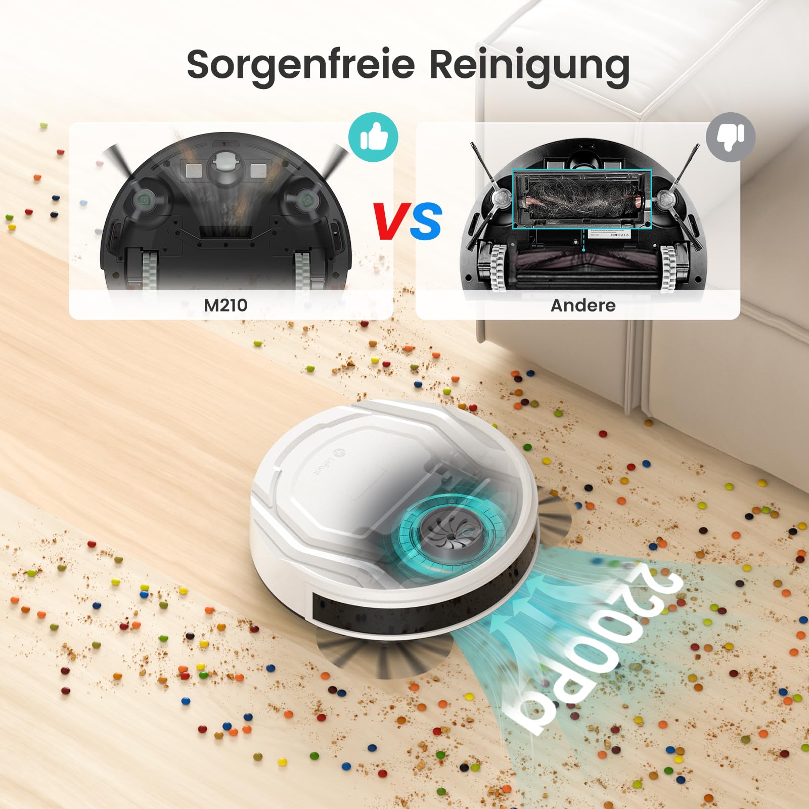 Lefant M210P Saugroboter, Staubsauger Roboter mit 2200 Pa Saugkraft, Ultradünn und leiser Betrieb, Z-förmiges Reinigungsmuster, Steuerung per WLAN, App und Alexa, 120 Minuten Akkulaufzeit,weiß