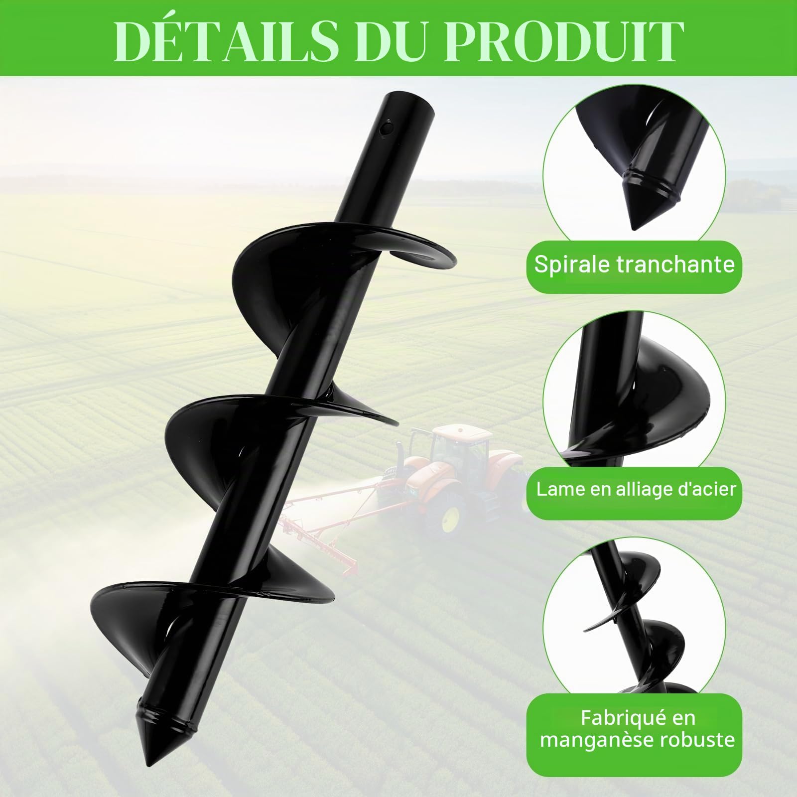 APACALI 1 tarière manuelle de 60 à 85 cm, réglable, avec poignée antidérapante amovible, tarière pour visseuse sans fil, tarière de jardin pour pose de poteaux de clôture, plantation