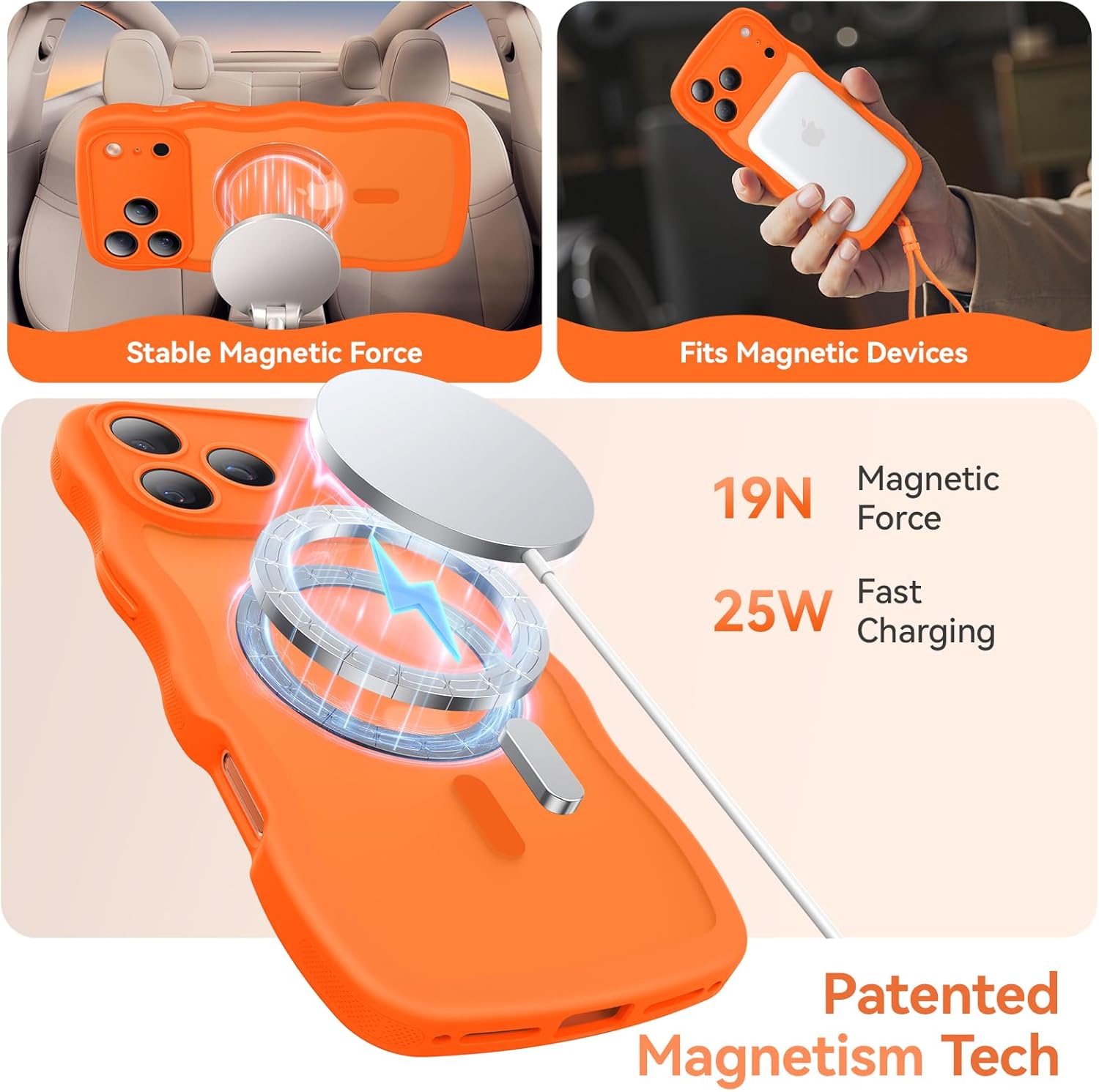 3 in 1 Magnetic for iPhone 17 Pro Max Case, Cute Wavy [Full Camera Protection][Fit for MagSafe] 1X Screen Protector 1X Wrist Strap, Anti-Slip Trendy Women Girly Case for iPhone 17 Pro Max 6.9, Orange