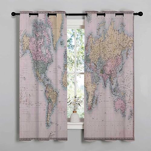 Cortinas para Sala World Map Grommet Short Sliding Glass Door Sun Blocker Cortinas para Ventanas De Cuarto 55Inch Width by 45Inch Length,2 Panels