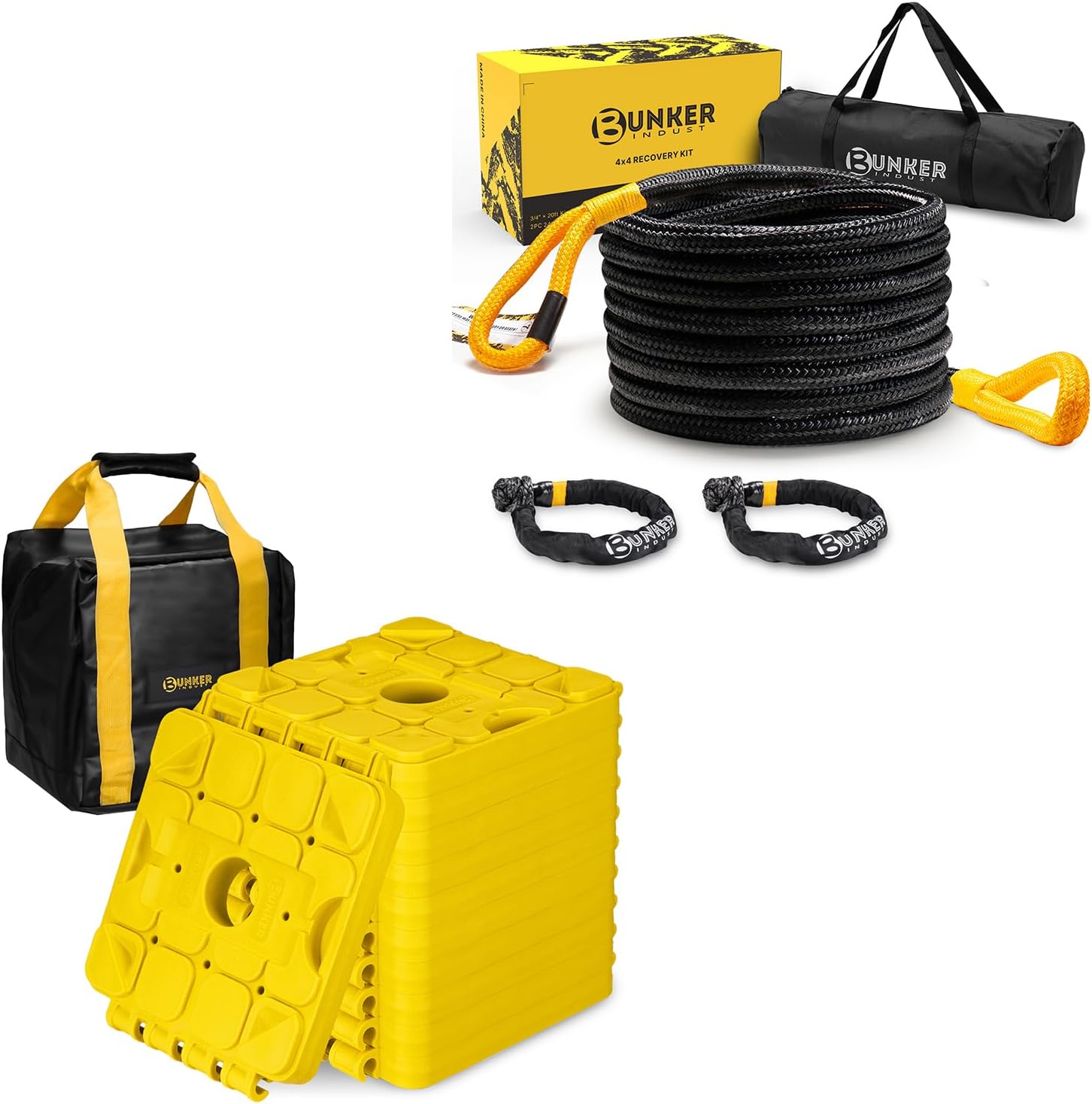 BUNKER INDUST 10 Pack RV Leveling Blocks/Stackable Jack Blocks/Interlocking Design + 3/4in×20ft Kinetic Recovery Rope with 2 Soft Shackles Kit