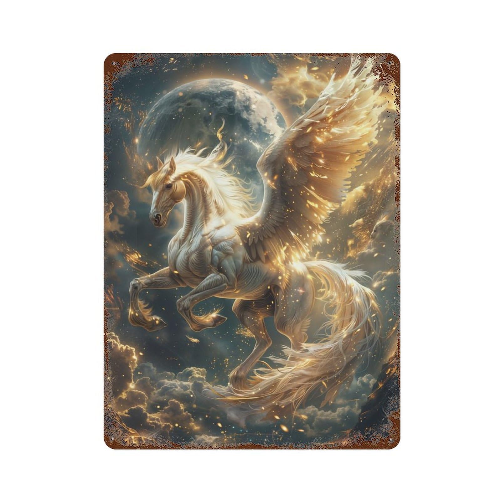 Vintage Rust Metal Sign with Celestial Pegasus Ascend Design 15.7"x11.8", for Shed, Workshop And Garage Wall Decor, Classic Wall Plaque