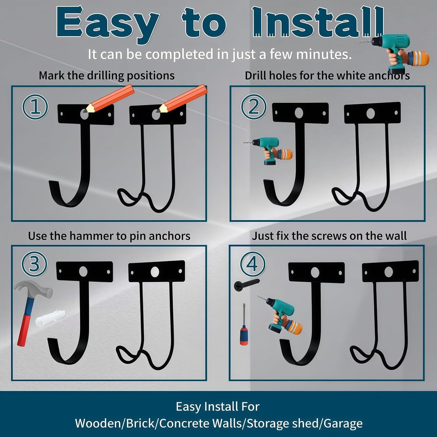 4-Pack Storage Shed Hooks for Suncast, | Wall Mount Hook Tool Organizer,with EZ Bolt Assembly,Replaceable Screws, Reusable,for Suncast Select Outdoor Shed Models (4)