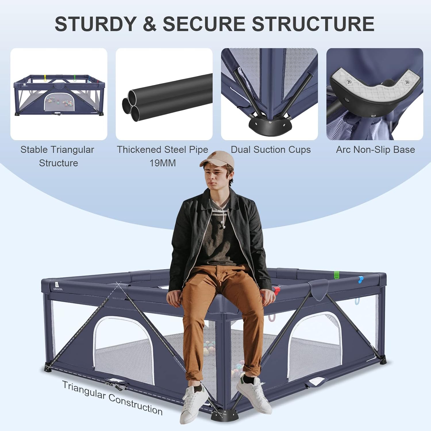 Close-up images showing the stable triangular structure, thickened steel pipes, dual suction cups, and arc non-slip base of the playpen.