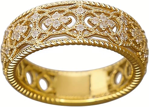 Gixaxak Vintage 18K Gold Plated Cubic Zirconia Hollow Design Flower Scroll Promise Ring Band 925 Sterling Silver Eternity Statement Wedding Engagement Bands Gift for Women 7