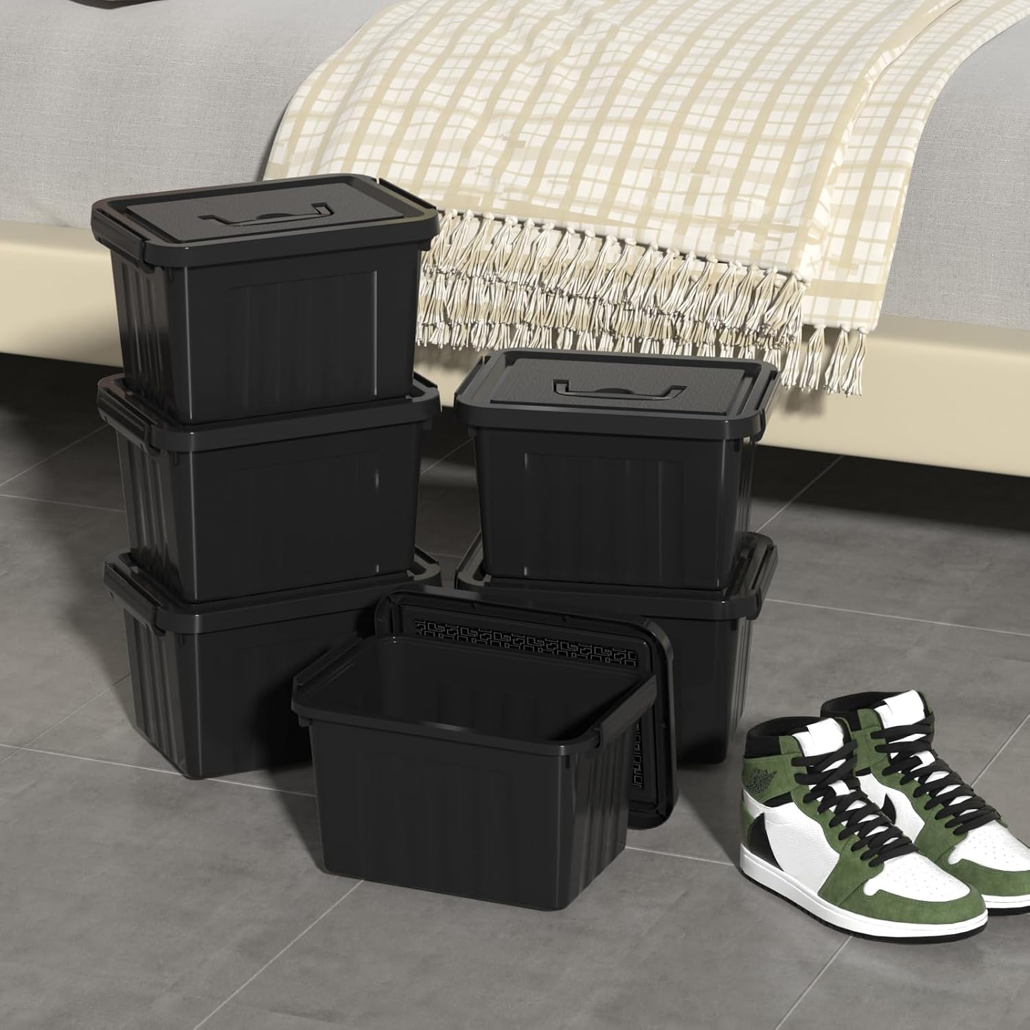 Black Plastic Storage Bin ith Lids and Latch, Small Stackable Organizing Box Containers, 6 Packs