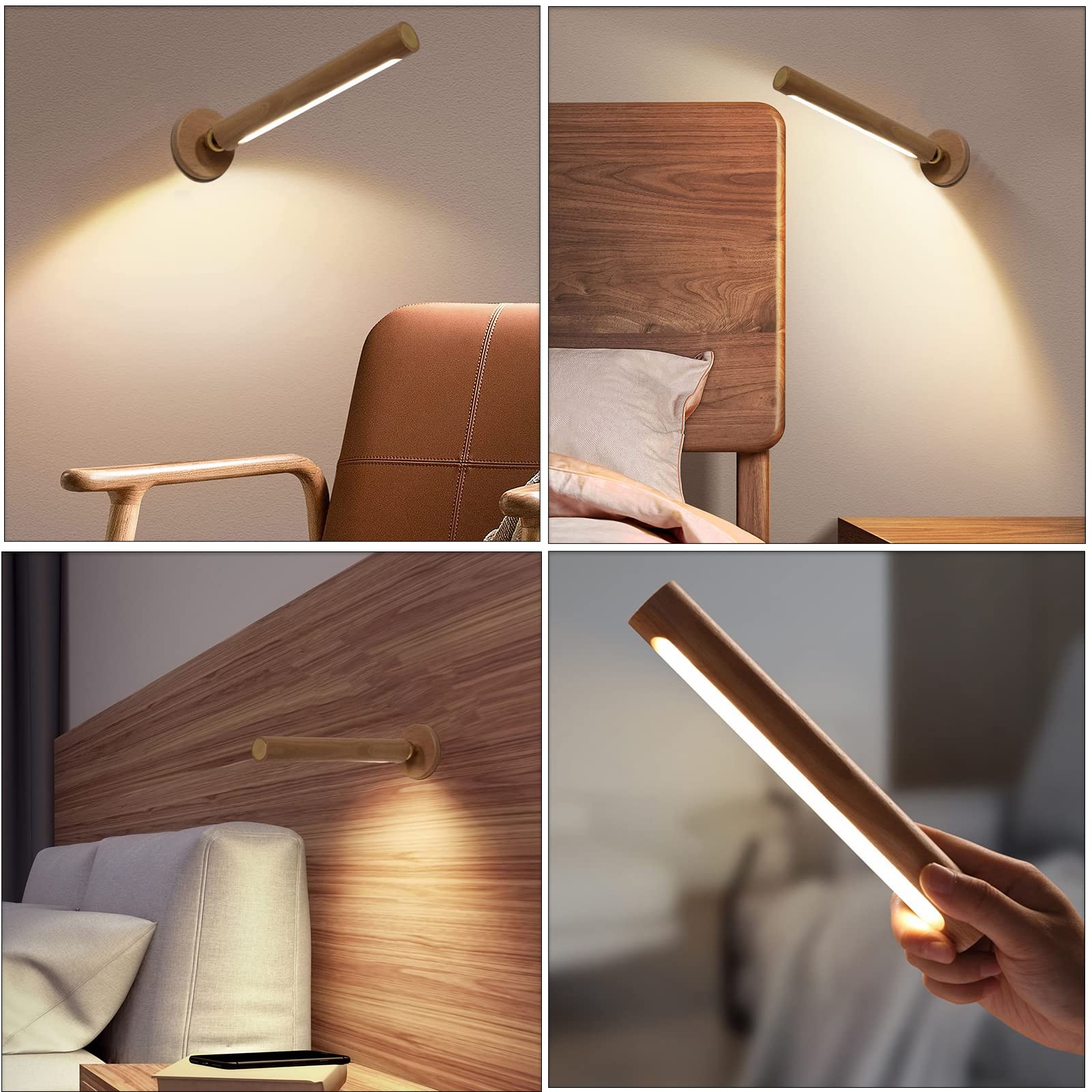 TUNJINSHOU - Lámpara LED de madera giratoria de 360°, magnética, desmontable, regulable, recargable, regulable, para dormitorio, sala de estar, luz nocturna USB (amarillo)