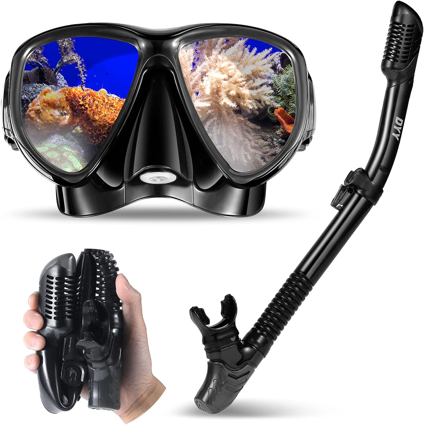 DYY Patented Anti-Fog Dry Snorkeling Gear, Professional Diving Mask for Adults, Youth, Anti-Leak Tempered Glass Mesh Bag for Diving, Swim, Snorkel Mask Set Designed in Italy with Dry-Wet Switchable : Sports & Outdoors