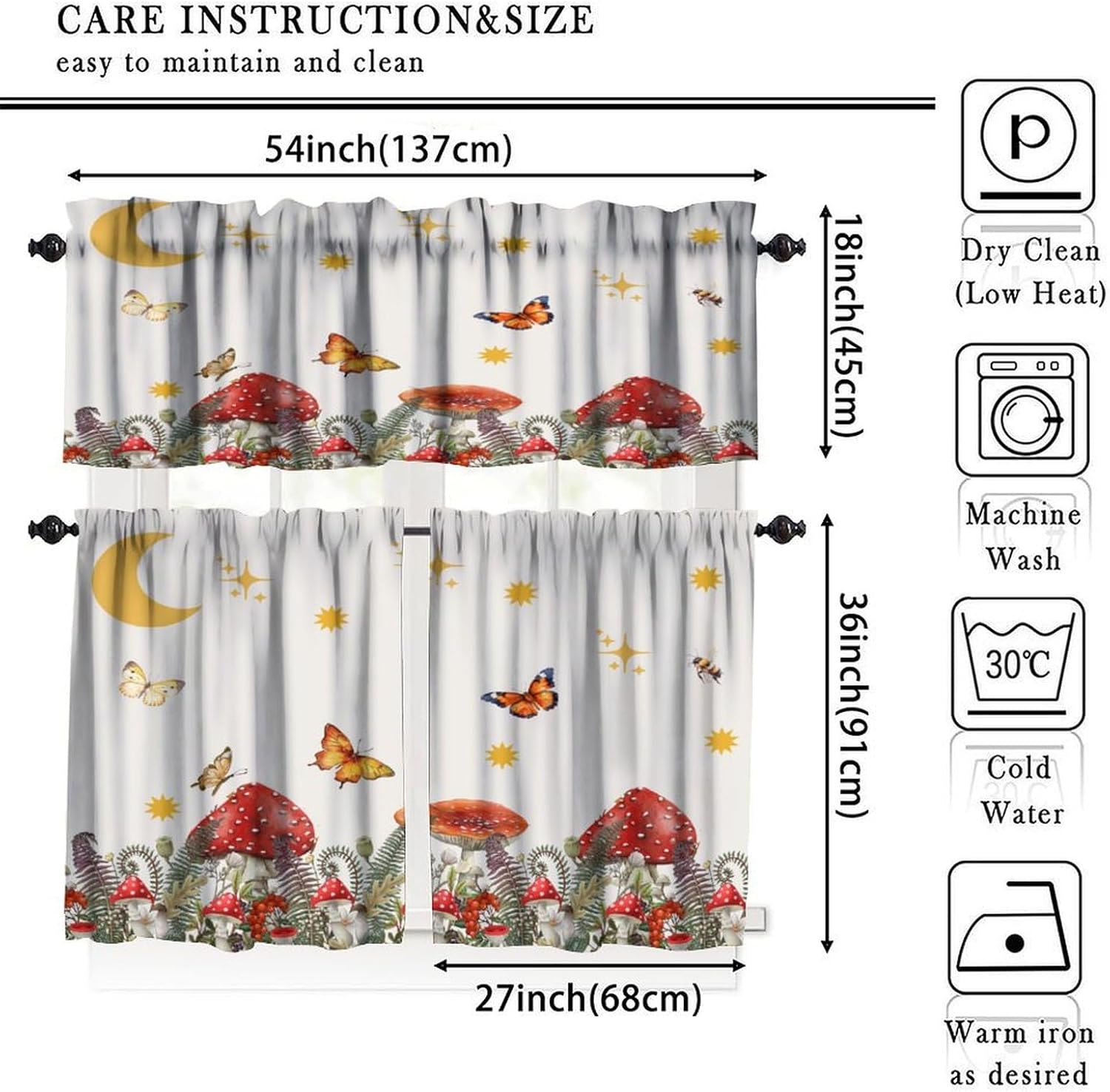 Mushroom Kitchen Curtain,Retro Boho Plant Botanical Colorful Butterfly Print for Bedroom Dining Room Cafe Office Living Room Drapes, 54 x 18 in+ 27 x 36 in*2