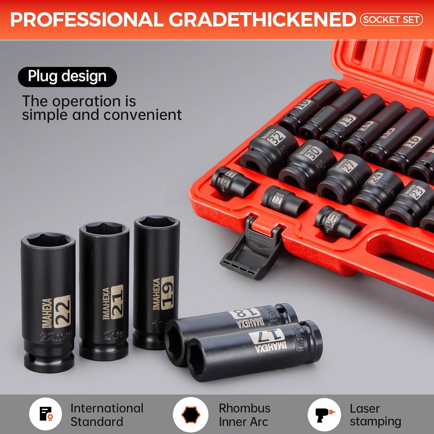 35 Pieces 1/2-Inch Drive Deep Impact Socket Set,Metric Sizes(10 to 32mm),Deep CO-MO Meterial Socket,With Premium Red Socket Organizer,6 Point