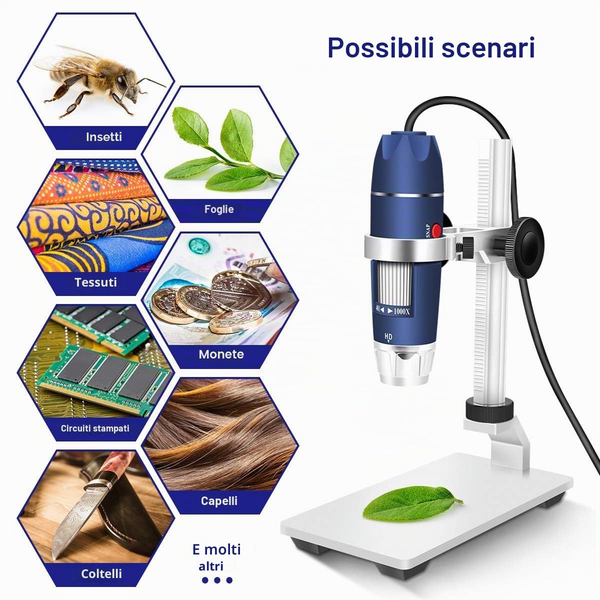 Jiusion Microscopio digitale USB HD 2MP 40-1000X Fotocamera per endoscopio con ingrandimento portatile con 8 LED Supporto stabile in lega di alluminio per OTG Android Mac Windows 7 8 10 11 Linux