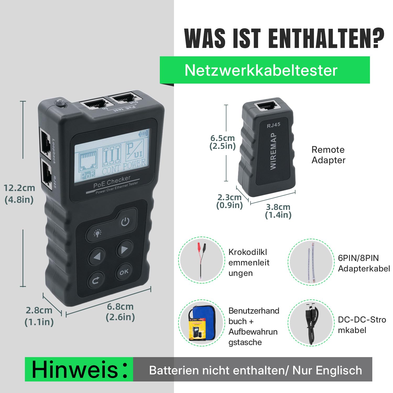 Multifunktions Kabeltester: RJ45 Netzwerktester mit PoE, Kontinuitätstest, Spannungsmessung & LED-Beleuchtung - Ideal für CAT5e/CAT6/CAT6a Ethernet Kabel