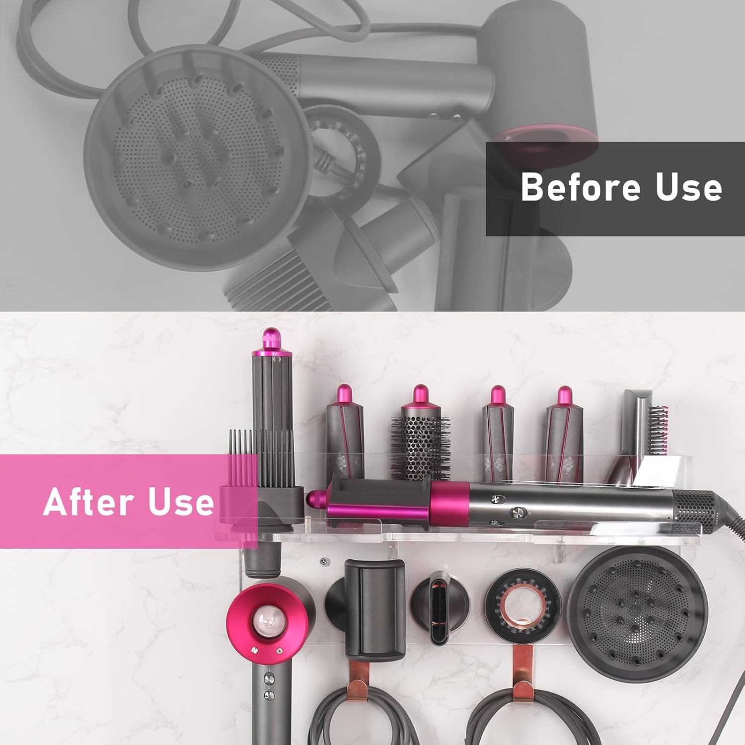 Wall Mount Holder Compatible with Dyson Airwrap Styler Supersonic Hair Dryer, 2 in 1 Blow Dryer Accessories Organizer Storage Rack for Curling Iron Wand Barrels Brushes Diffuser Nozzles