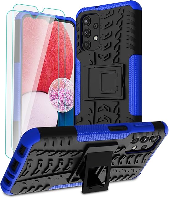 Iokmax case for Samsung Galaxy A13 4G with 2 Pack Screen Protector, Military Grade Shockproof, Heavy Duty Robust Bumper Case with Kickstand for Samsung A13 Case,Blue