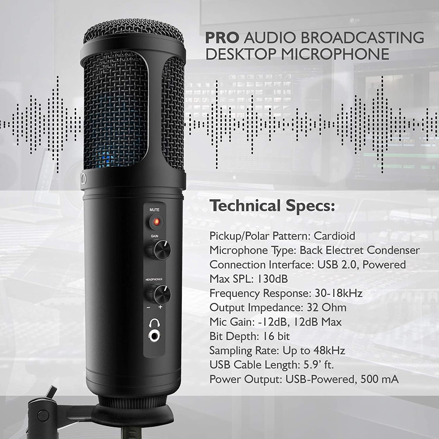 JOVIAL Pyle USB PC Recording Condenser Microphone, Portable Pro Audio Condenser Desk Mic, Blue LED, Adjustable Gain, Headphone Jack, Mute Control, Tripod Stand, for Podcast Streaming Gaming