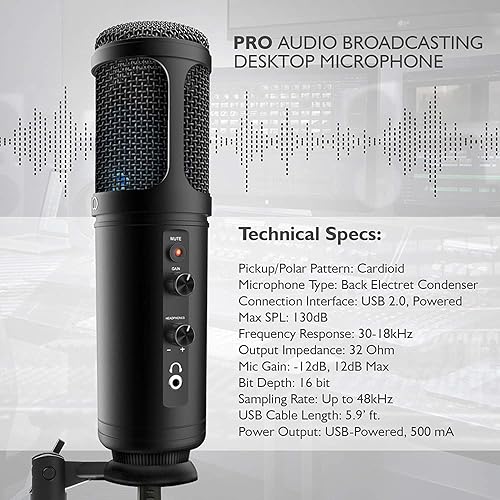 Miniatura 2 de JOVIAL Pyle - Micrófono de condensador de grabación USB para PC, micrófono de escritorio portátil de condensador de audio profesional, LED azul,