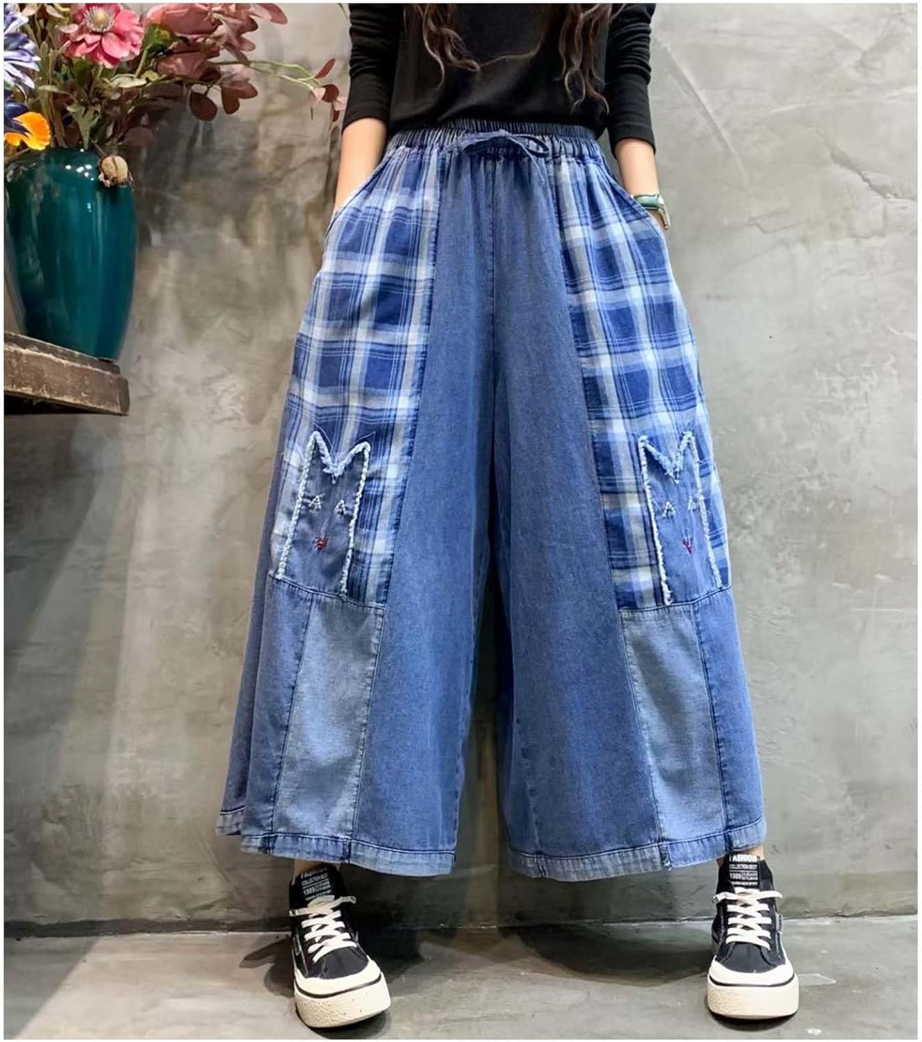Extra Wide Leg Denim Pants for Women with Embroidery Elastic Band & Drawstring,Fashionable Literary Vibe Dressy Jean - Image 2