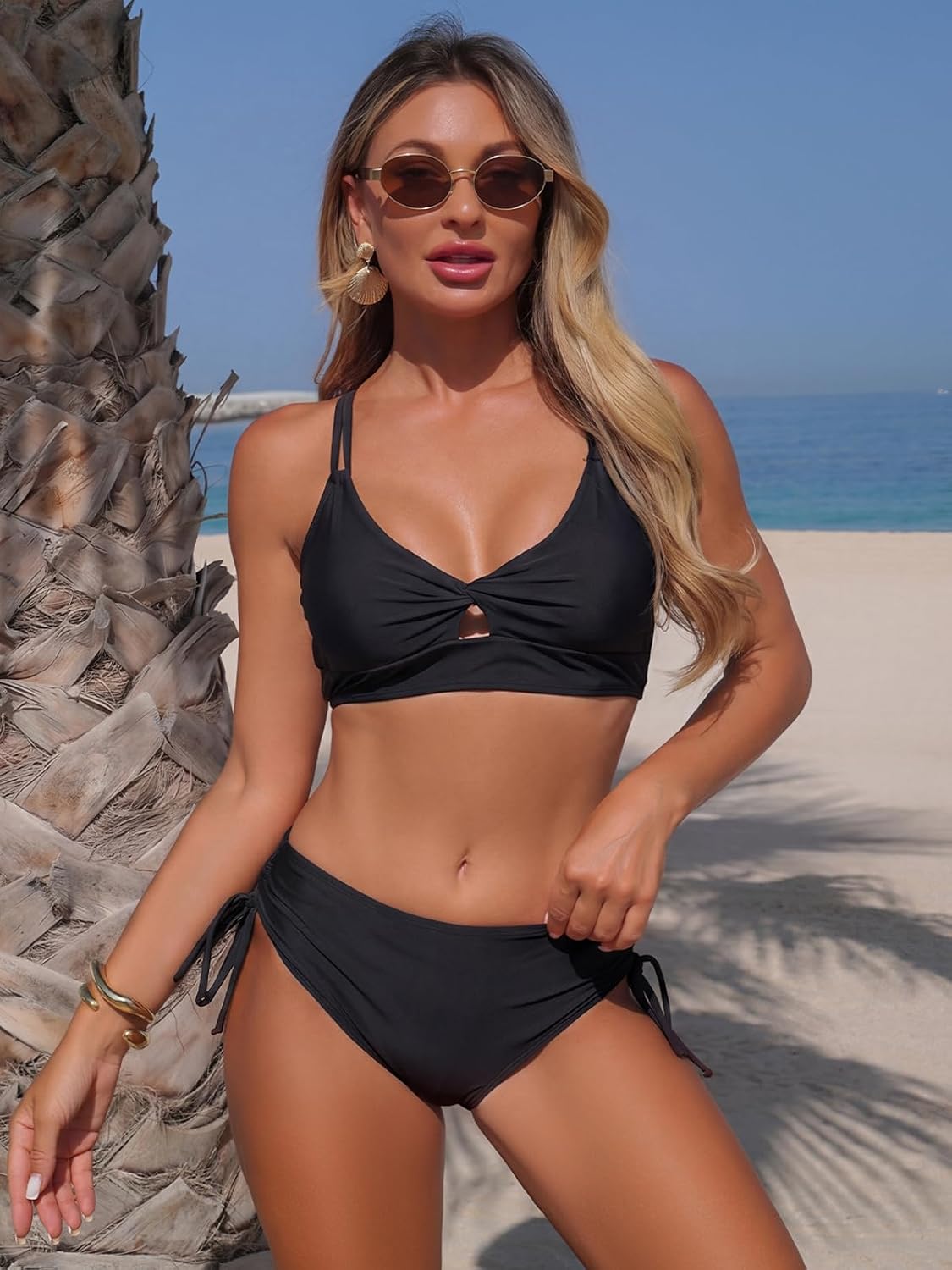 Women’s High Waisted 2 Piece Bikini Sets Bathing Suit Double Strap Side Tie Swimsuit