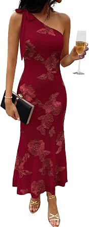 Caracilia Womens One Shoulder Wedding Guest Dress | Summer Fall Fashion Bodycon, Slim Stretch Elegant Long Maxi Dresses, Cocktail Party Formal Wear