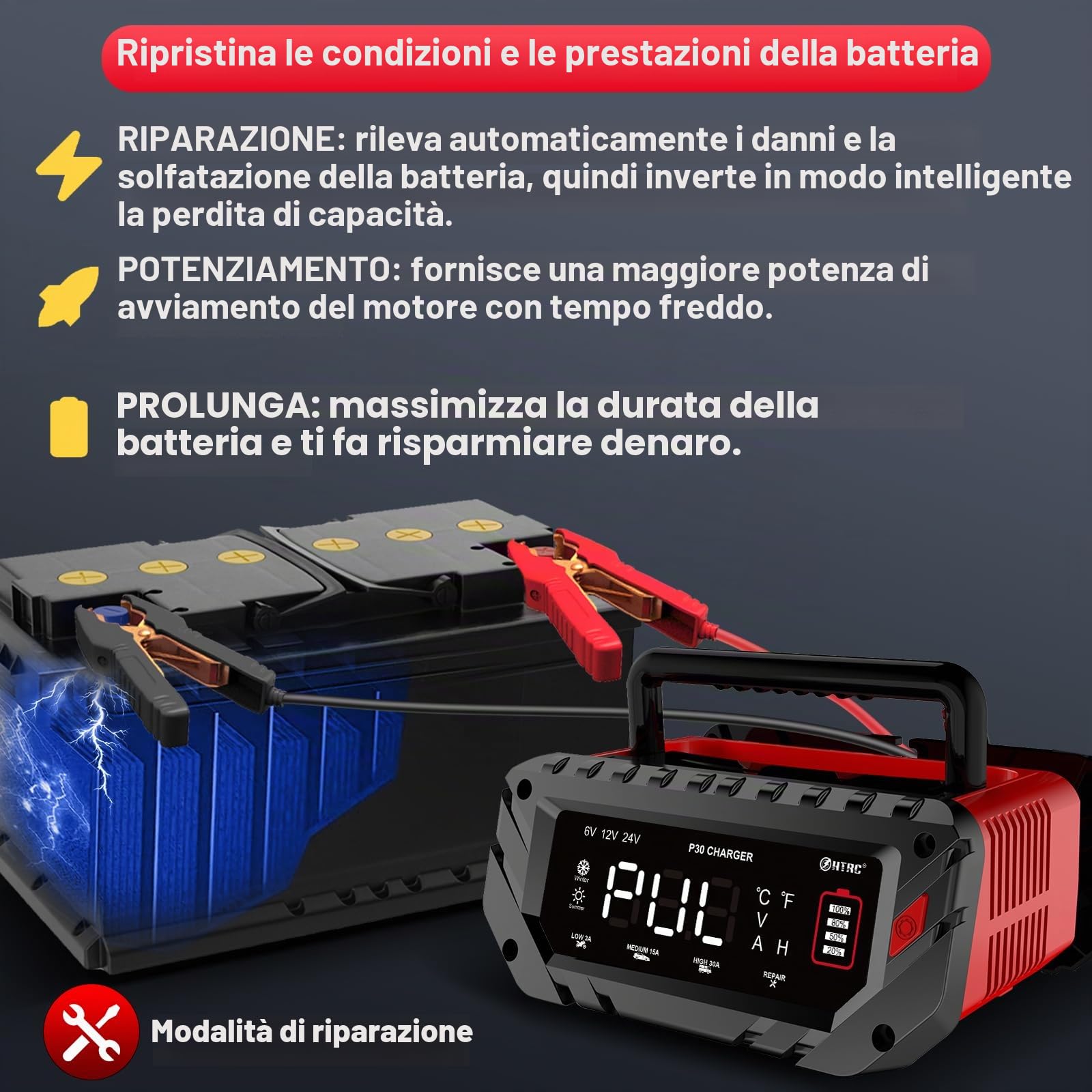 HTRC 6V/12V/24V 30A Carica Batterie per Auto – per LiFePO4 e Piombo Acido | Caricabatteria Intelligente per Auto, Moto e Camper. Mantenitore, Compensazione Temperatura, LiFePO4, AGM, EFB e Piombo Acido