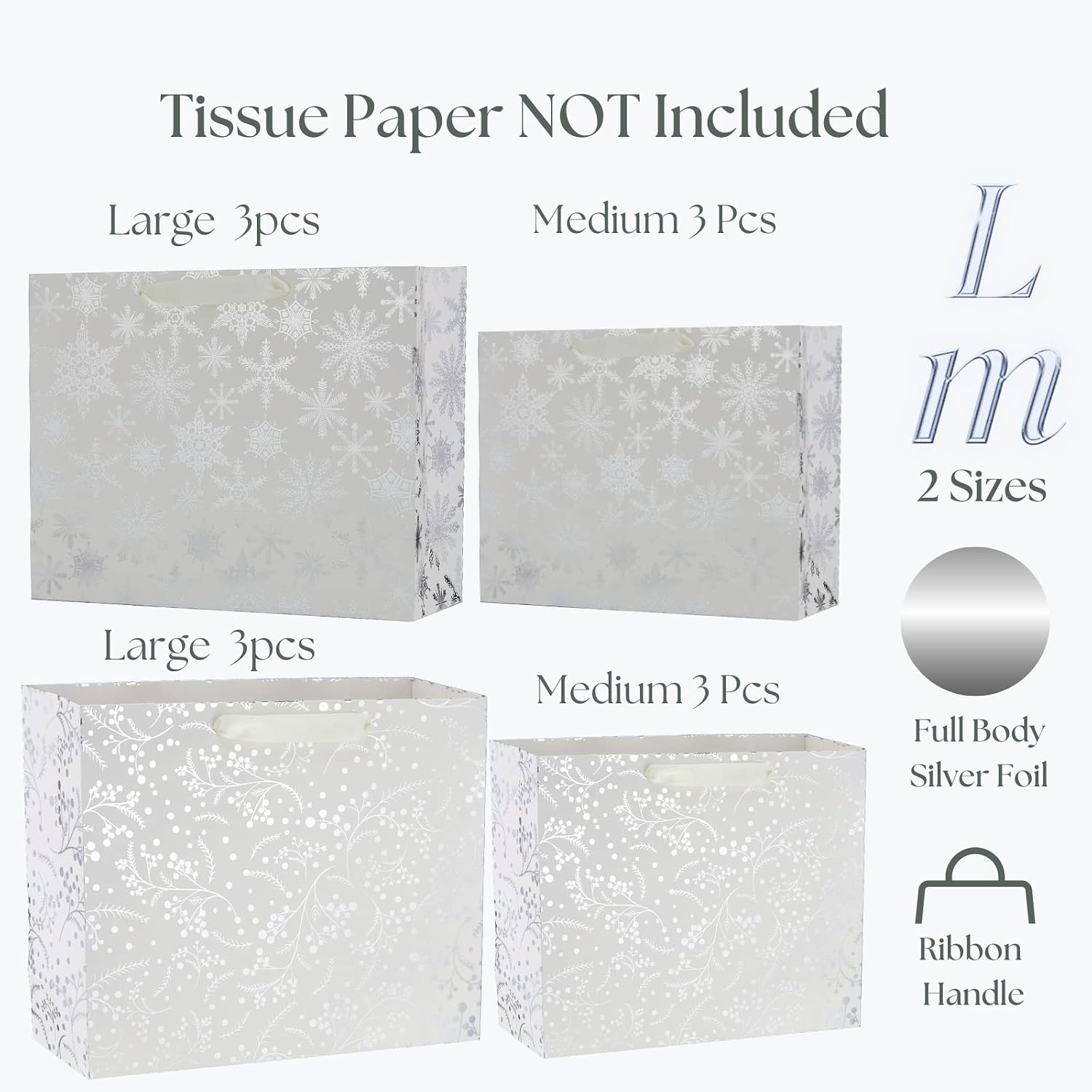 UNIQOOO 12PCS Assorted Metallic Silver Christmas Gift Bags Bulk, Size L 12.5'' M 9'', Silver Snow Berry Gift Wrap Bags, White Xmas Snowflake Paper Favor Bag Gift Packaging, For Holiday New Year Party image 3
