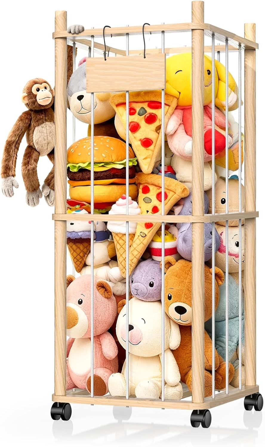 Stuffed Animal Storage with Wheels (Rolling Zoo), Large Wooden Plushie Organizer with Bonus Mesh Net for Small Toys, Mobile Toy Holder Cage for Kids Playroom Bedroom & Toddler Room(Natural Pine)
