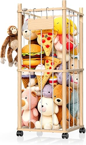 Miniatura 11 de Almacenamiento y soporte para animales de peluche, almacenamiento de peluches de madera de pino natural con ruedas, zoológico de animales de peluche