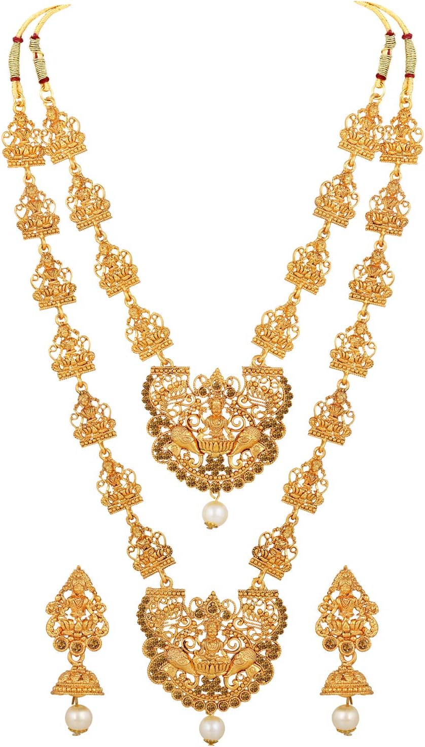 Shining Diva Fashion18k Gold Plated Latest Long Short Combo Traditional Temple Necklace Jewellery Set for Women