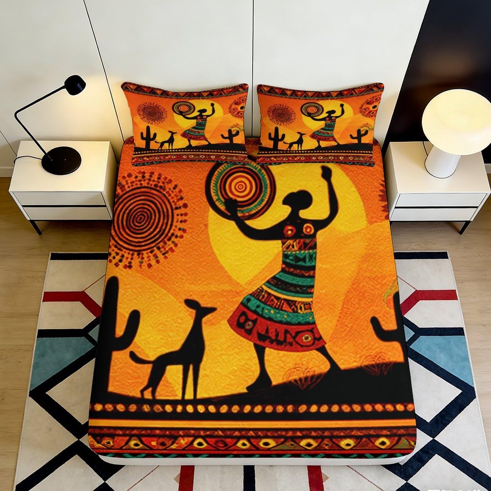 Pnayamiorkfel Style-9 3D Printed African Tribal Art Fitted Sheet Microfiber Orange Silhouette Bed Cover For Bedroom Dorm Decor 90X200x25cm