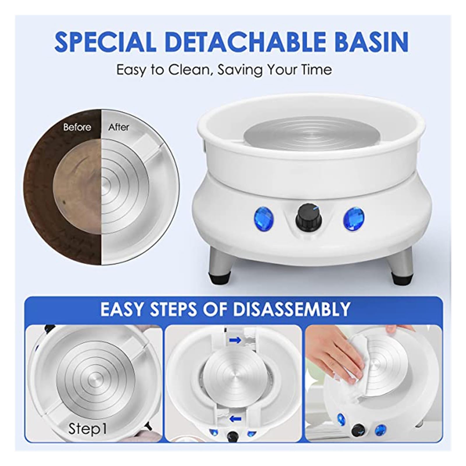 Macchina elettrica for tornio in ceramica con bacinella in ABS staccabile Piatto in da 13 cm for lavorazione Artigianato in argilla Utensili manuali fai-da-te,Operazione flessibile(02)