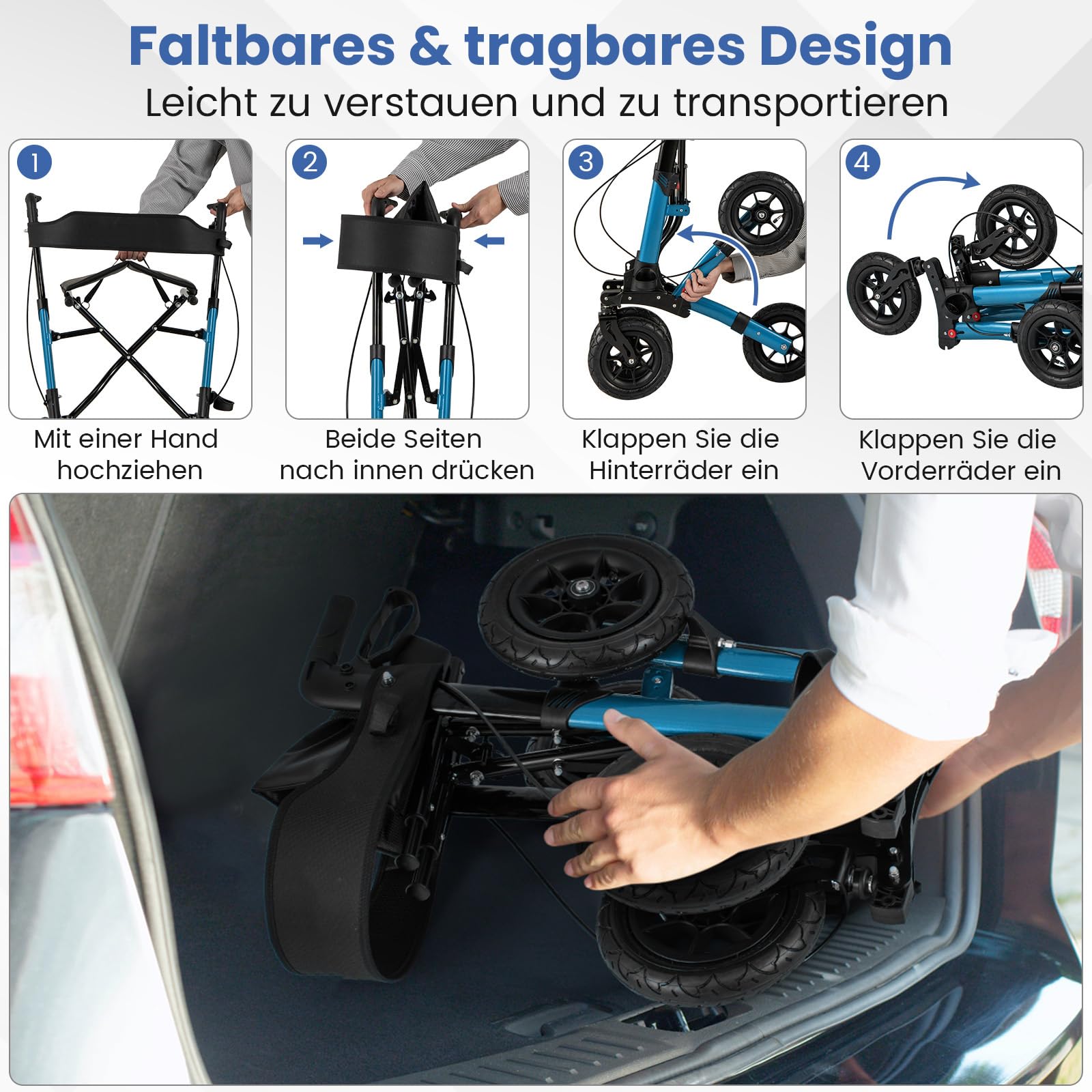 COSTWAY Rollator mit Luftbereifung, faltbar und leicht mit Sitz, Aluminium, bis 140 kg, 2 in 1 Rollstuhl & Reiserollator, Gehhilfe 7-fach höhenverstellbar, Gehwagen mit Tasche & Stockhalter (Blau)