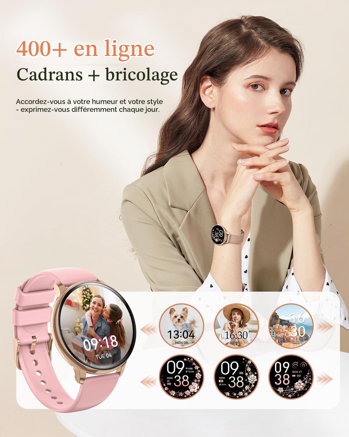 Montre Connectée Femme avec Appel, 1.27" HD Smartwatch Fonction Féminine, 120+ Modes Sportifs, Sommeil, 24H Fréquence Cardiaque, 24H SpO2, Calories, Podomètre, IP68 Android iOS Or Rose