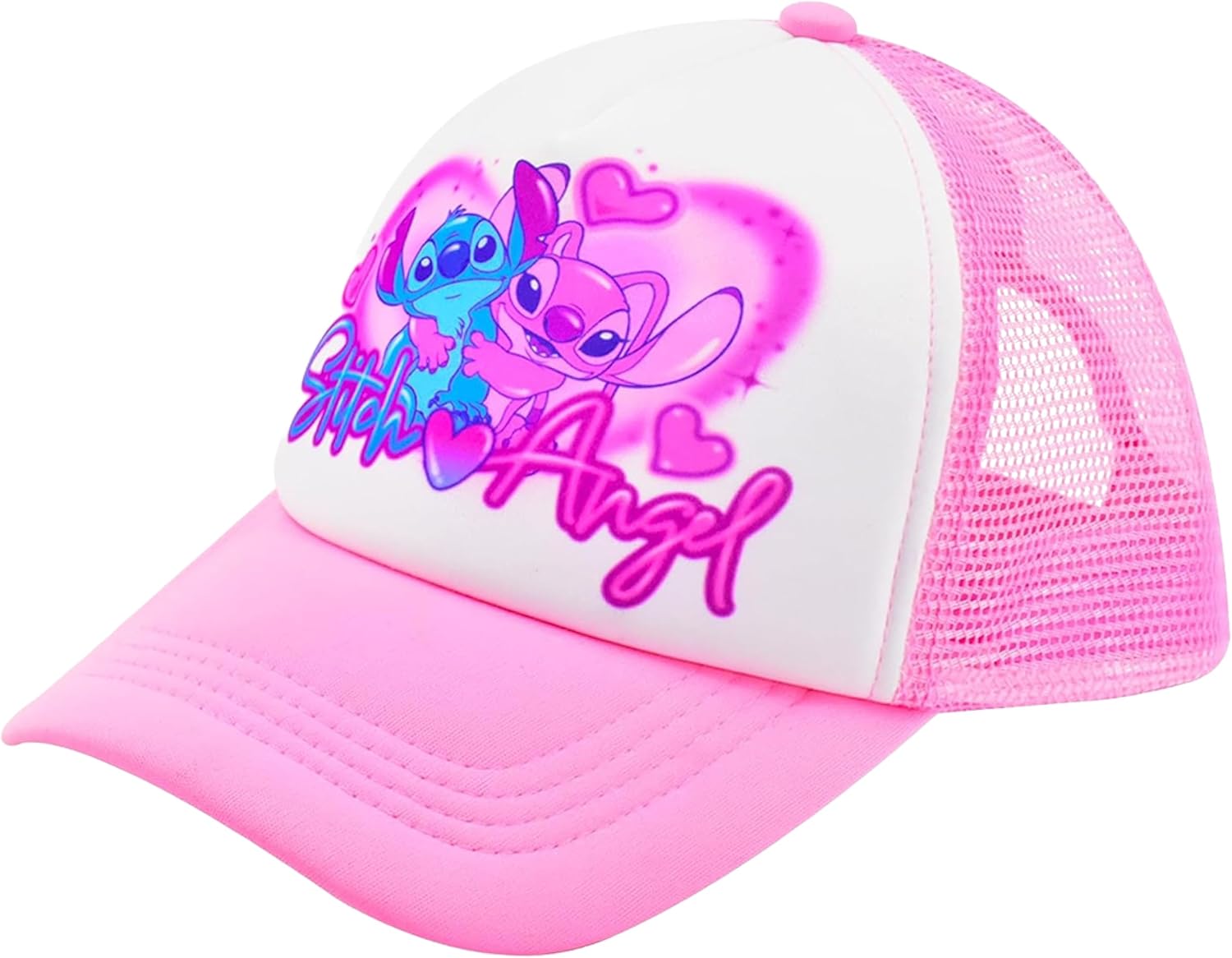 Disney Stitch and Angel Trucker Hat, Adult Baseball Cap with Curved Brim, Pink, One Size