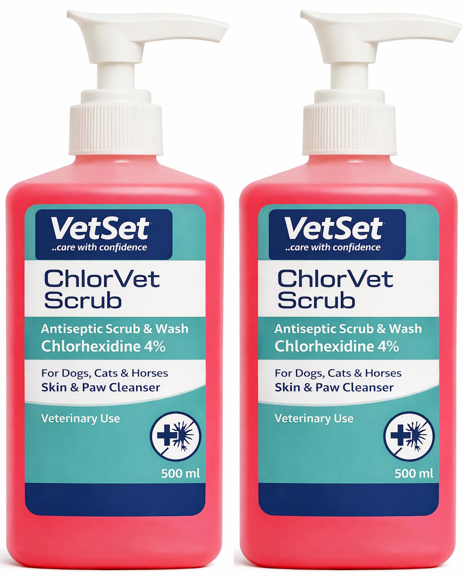 VetSet ChlorVet Scrub | Chlorhexidine 4% Antiseptic Scrub & Wash for Dogs | Veterinary Skin & Paw Cleanser for Cats, Horses & Animals | Hand Wash & Pre-Procedure Prep | 500ml (Pack of 2)