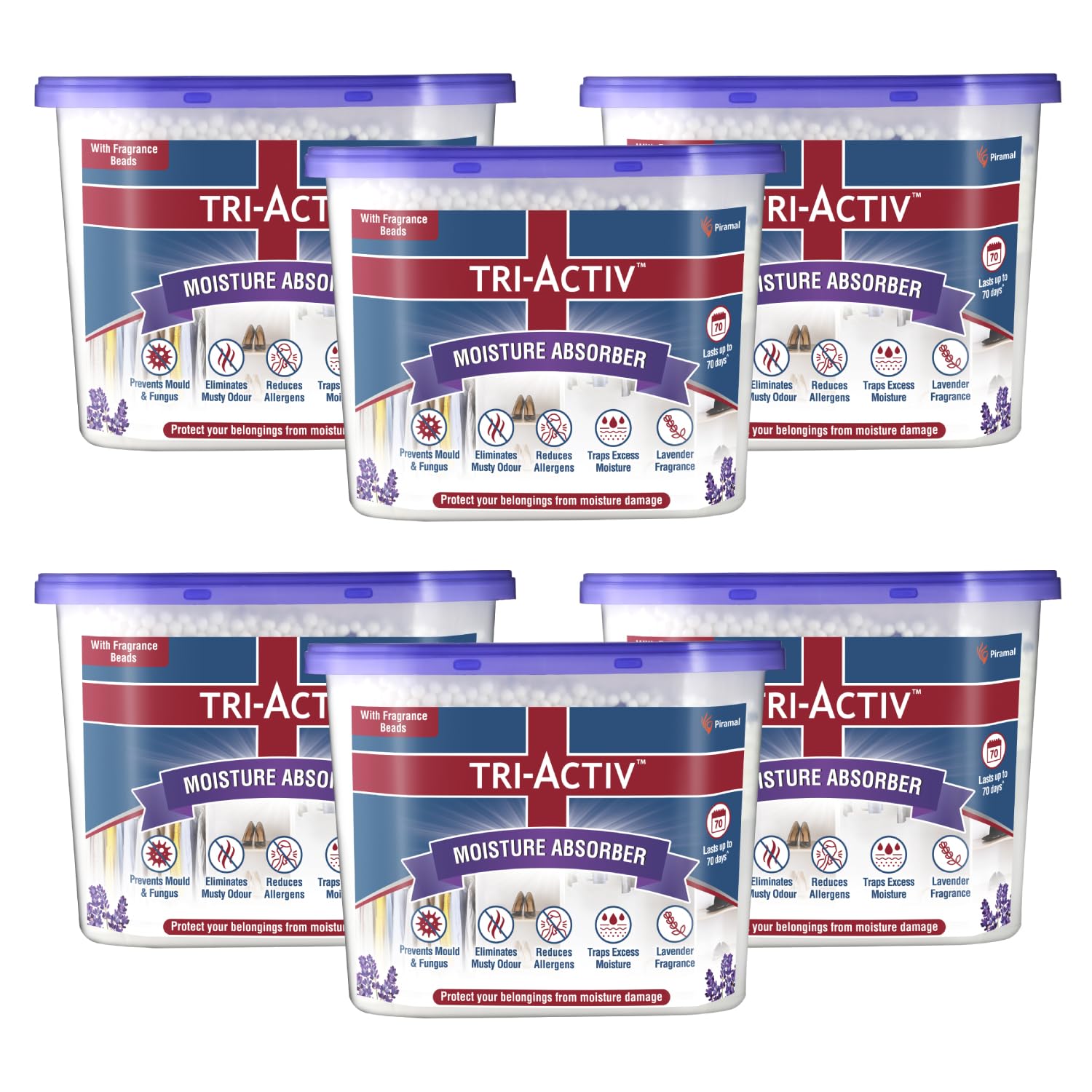 Tri-Activ Moisture Absorbers | Dehumidifier For Wardrobe, Closet, Shoe Rack | Absorption Capacity upto 600ml Each (Lavender, Pack of 6)